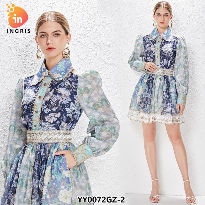 Floral Shirt Top + Lace Stitching High Waist Short Skirt Set-YY0072GZ