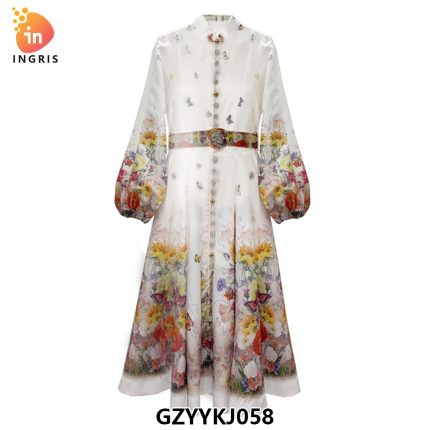 Printed Slim Long Long Swing Gowns Bubble Sleeve Dresses-GZYYKJ58