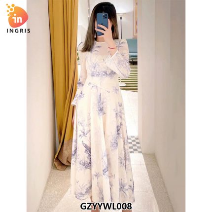Trend Spring Style Elegant Women's Long Frill Ruffles Sleeve Chiffon Lilac Floral Print Maxi Dress-GZYYWK008
