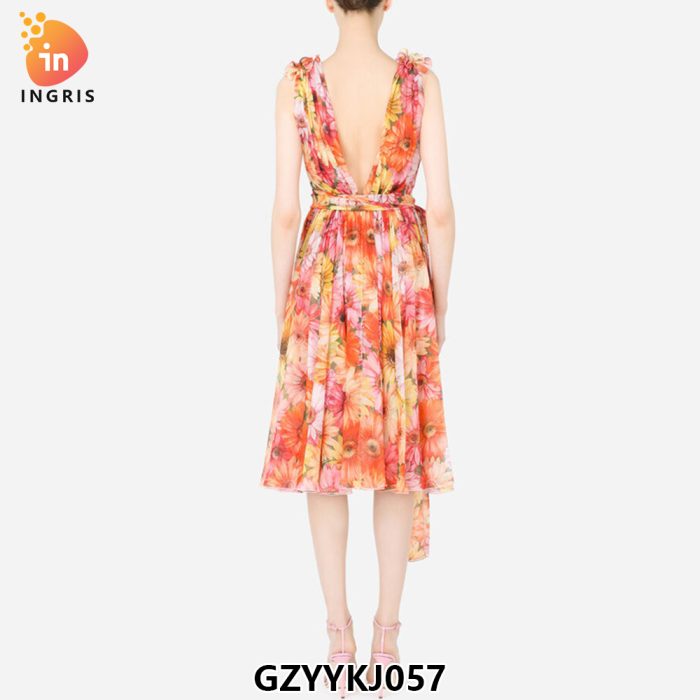 Ladies High Fashion Summer Square Neck Sleeveless Floral Print Midi Dress for Women-GZYYKJ57