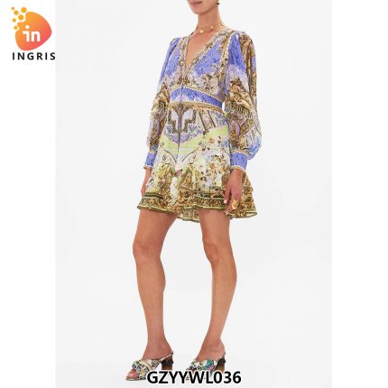 Multicolour Floral Print V-neck High Waist Casual Dress Retro Style-GZYYWL36