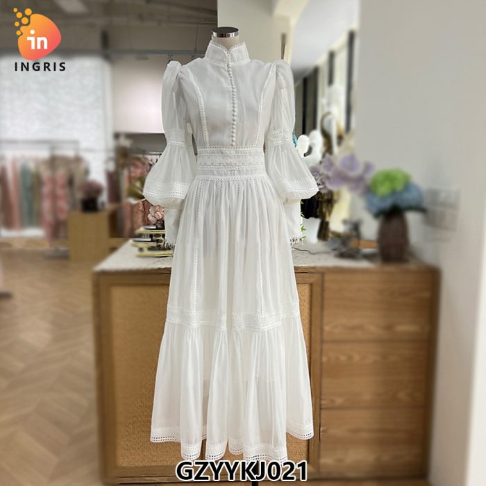 Spring and summer new style fashionable and elegant long skirt lace splicing design lantern sleeve dress-GZYYKJ021