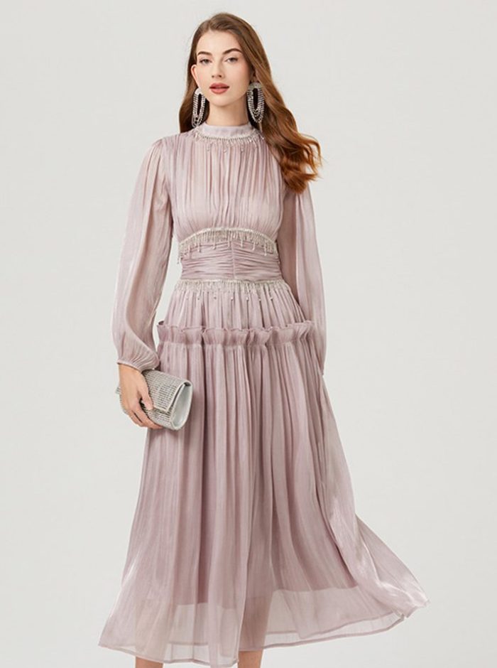 Heavy Industry Small Tassel Diamonds Illuminating Folded Waist Large Swing A-line Long Maxi Dress 2024-YY0006GZ