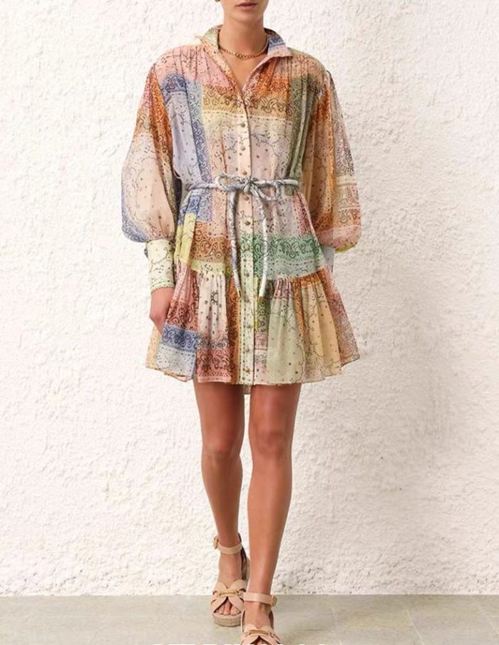 Casual beach vacation style printed women's large size loose long-sleeved inner short two-piece set-GZYYKJ011