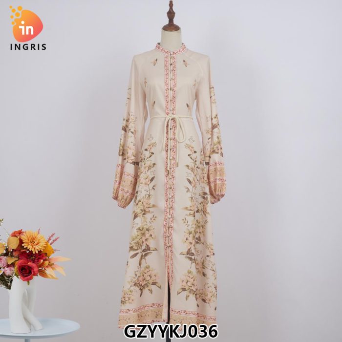 Retro Style Printed Long Puff Sleeve Slim Waist V-neck Dress High Sense Single Breasted Large Swing Dress-GZYYKJ036