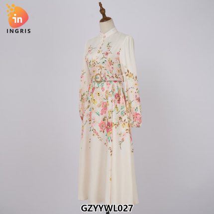 Spring Women's Fashion Retro Holiday Style Design Long Sleeve Stand Collar Flower High Waist Lace up Casual Floral Dress-GZYYWL027