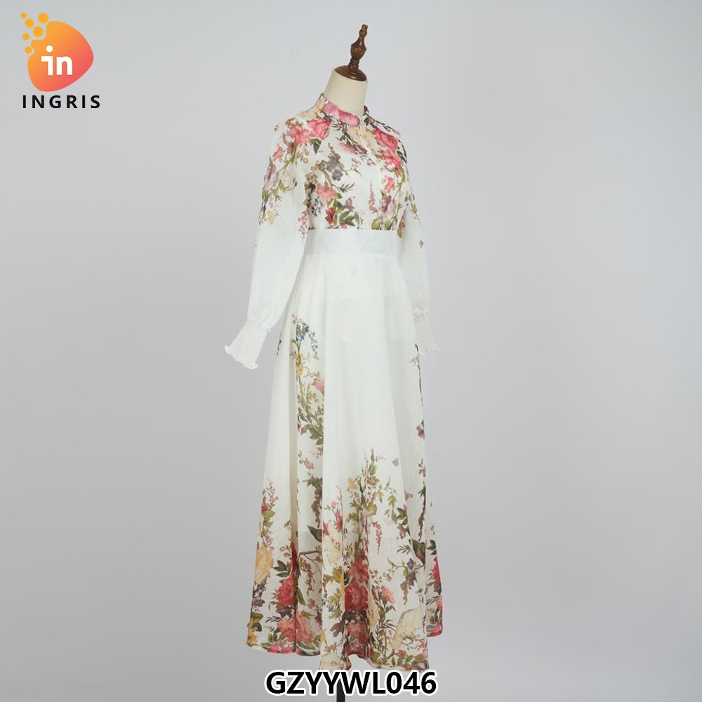 Crew Neck Floral Print Sashes Multi Color Casual Fashion Long Dress for Women-GZYYWL046