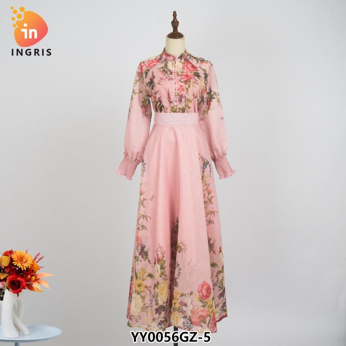 Crew Neck Floral Print Sashes Multi Color Casual Fashion Long Dress for Women-YY0056GZ