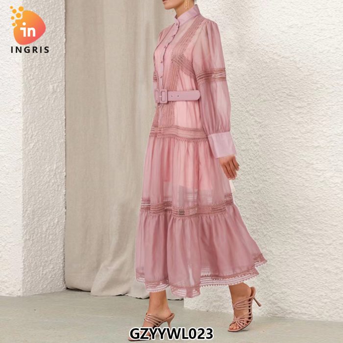 Lace Patchwork Lantern Sleeves Spring and Autumn French Long Sleeve Loose Ruffle Dress for Women-GZYYWL023