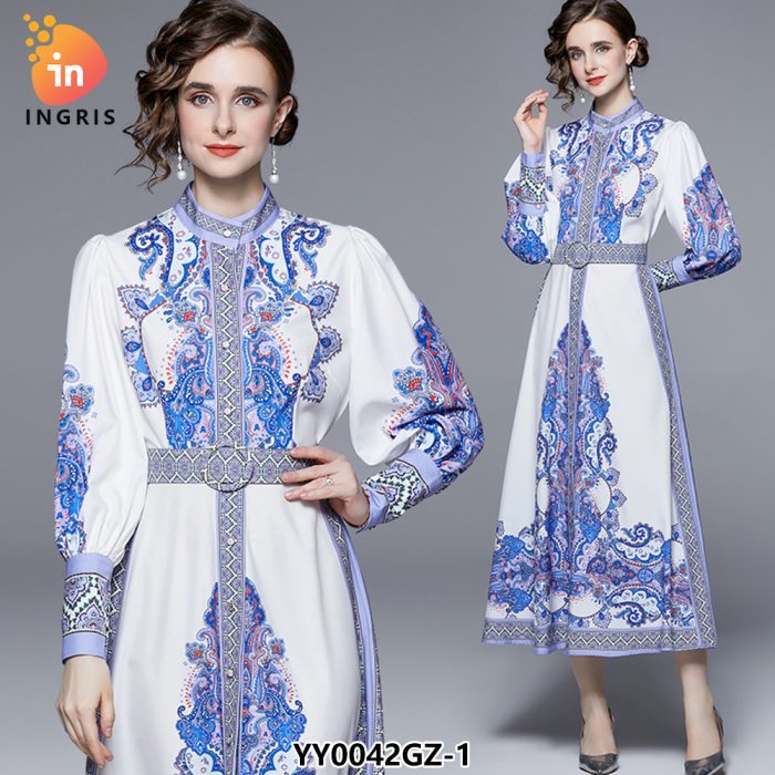 Stand Collar Trumpet Sleeve Printed Long Lace Dress-YY0042GZ