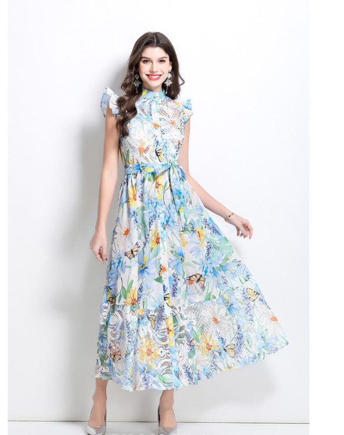 Summer Printed Chiffon Dress New Sexy Slash Neck Ruffle Long Dresses-YY0019GZ