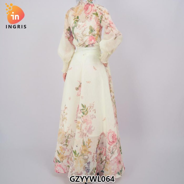 Spring Vintage Turtleneck Tunic Casual Maxi Dress for Women Long Lantern Sleeve Printed Lace Dress-GZYYWL064