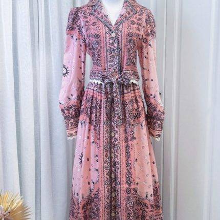 Long Sleeve pink and White Color Floral Print Casual Fashion Women Long Dress-YY0057GZ