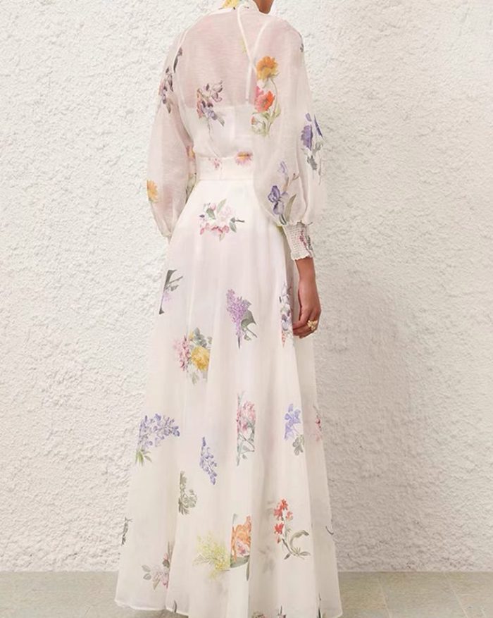 Vintage Lace V-neck Flower Bead Buckle Waist Swing Puff Printed Long Dress Autumn New Wholesale Clothing-GZYYKJ80