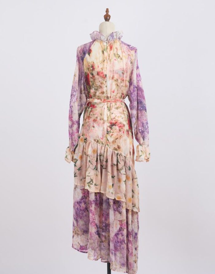 Modest Spring Casual Mandarin Collar Long Sleeves Floral Print Tiered Ruffles Chiffon Maxi Long Dress for Women-GZYYKJ090