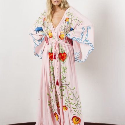 New Autumn Flower Embroidery V Neck Long Dress With Big Trumpet Sleeves Women Bohemian Holiday Dress-GZYYKJ019