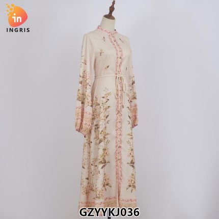 Retro Style Printed Long Puff Sleeve Slim Waist V-neck Dress High Sense Single Breasted Large Swing Dress-GZYYKJ036