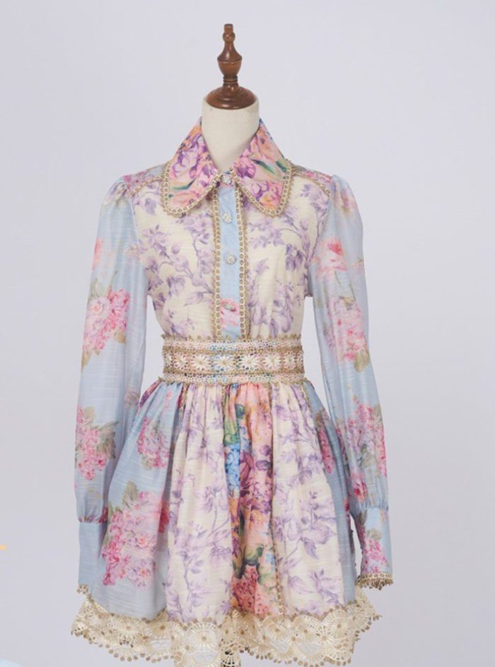 Floral Shirt Top + Lace Stitching High Waist Short Skirt Set-YY0012GZ