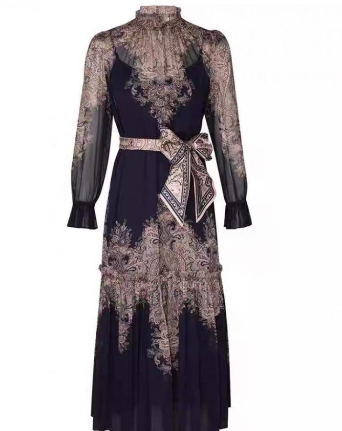 American Women's Spring/Summer Stand up Neck Lantern Sleeves Long Retro Print Two Piece Dress-GZYYKJ060