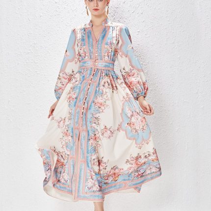 Summer New Women's Sexy Floral Print Long Puff Sleeve Midi Dress-GZYYKJ001