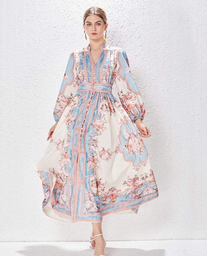 Summer New Women's Sexy Floral Print Long Puff Sleeve Midi Dress-GZYYKJ001
