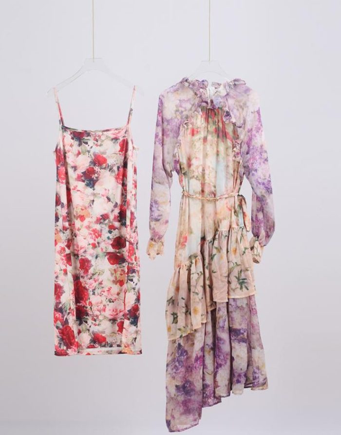 Modest Spring Casual Mandarin Collar Long Sleeves Floral Print Tiered Ruffles Chiffon Maxi Long Dress for Women-GZYYKJ090