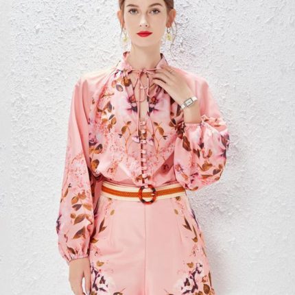 New Temperament Lace-up Lantern Sleeve Shirt and High Waist Shorts Fashion Set for Women-GZYYKJ041