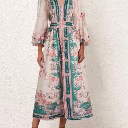 Vintage Casual Midi Dress for Women Empire Printed Contrast Color Lace Vestidos Red-GZYYKJ003