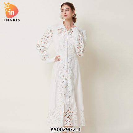 Women's fashion lapel long sleeve solid color lace big swing A-line dress-YY0029GZ