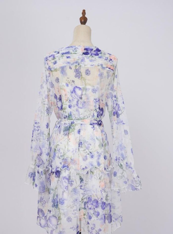 Brand new blue and white buttoned lace-up puff long-sleeved casual and elegant floral short dress-GZYYWL042