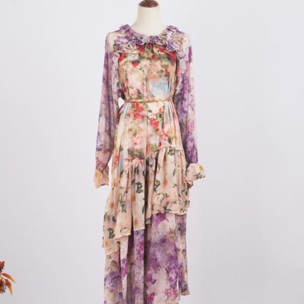 Modest Spring Casual Mandarin Collar Long Sleeves Floral Print Tiered Ruffles Chiffon Maxi Long Dress for Women-GZYYKJ090