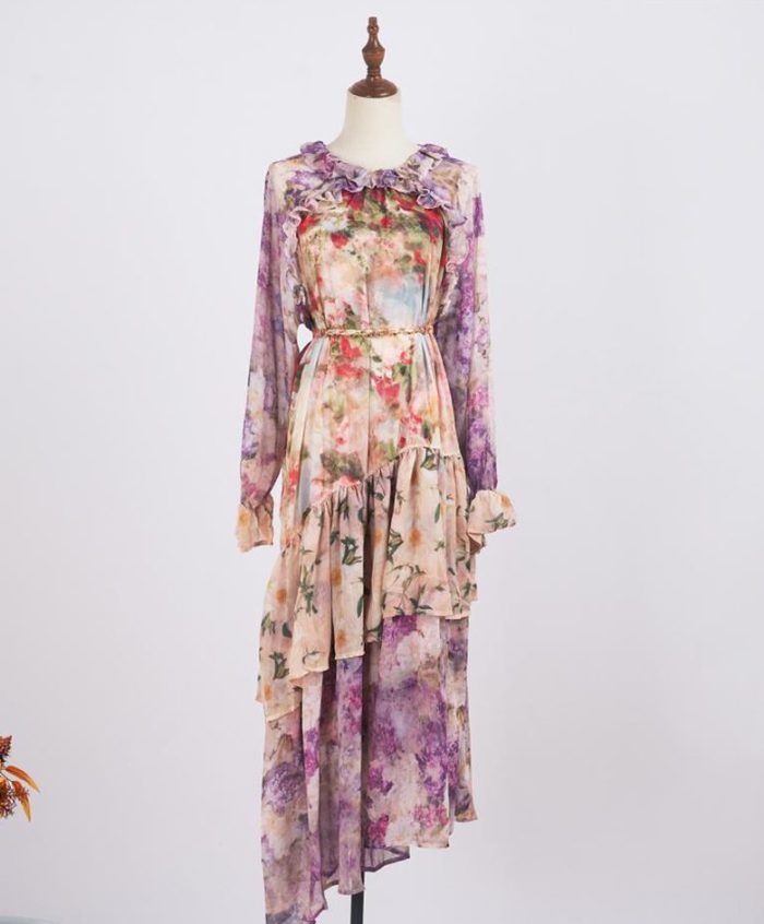 Modest Spring Casual Mandarin Collar Long Sleeves Floral Print Tiered Ruffles Chiffon Maxi Long Dress for Women-GZYYKJ090