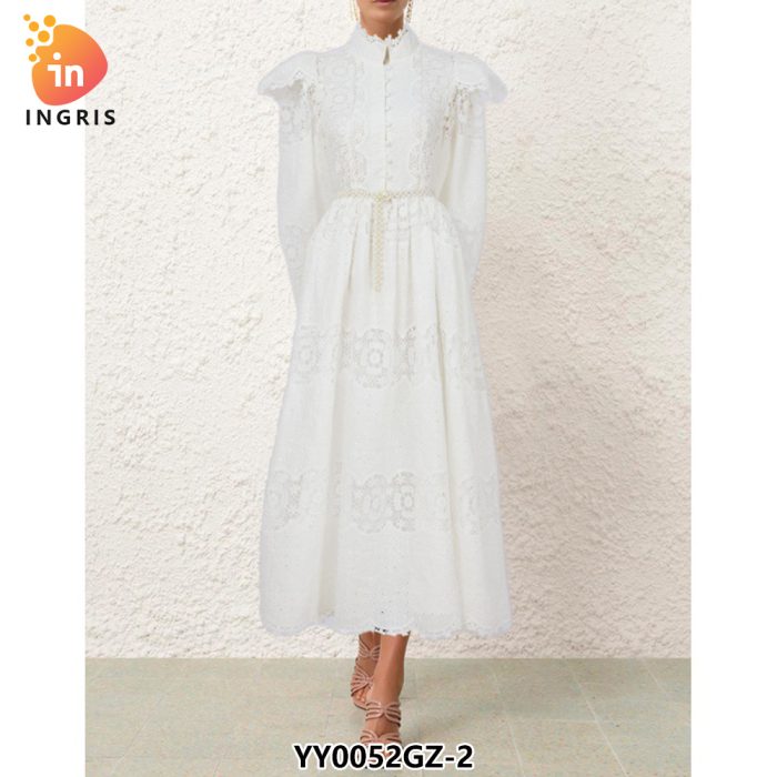 Fashion Lantern sleeve long sleeve solid color lace embroidery dress-YY0052GZ