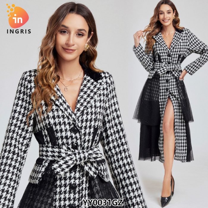 Winter Vintage Notched Collar Tunic Bandage Blazer Midi Dress for Women Empire Patchwork Mesh Dress Black-YY0031GZ