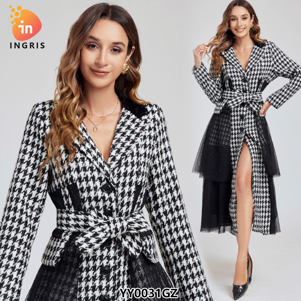 Winter Vintage Notched Collar Tunic Bandage Blazer Midi Dress for Women Empire Patchwork Mesh Dress Black-YY0031GZ