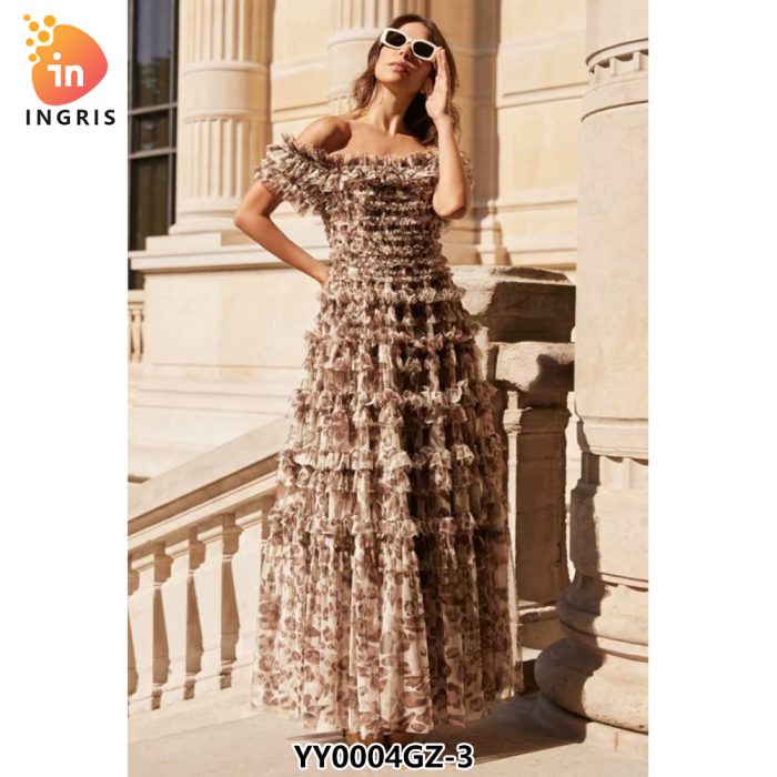 New Arrivals Printed One Shoulder Short Sleeve Casual Long Floral Dress Women-YY0004GZ