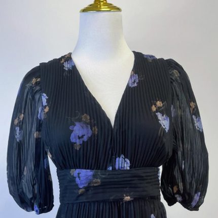 Vintage Lace V-neck Flower Bead Buckle Waist Swing Puff Printed Long Dress Autumn New Wholesale Clothing-GZYYWL35