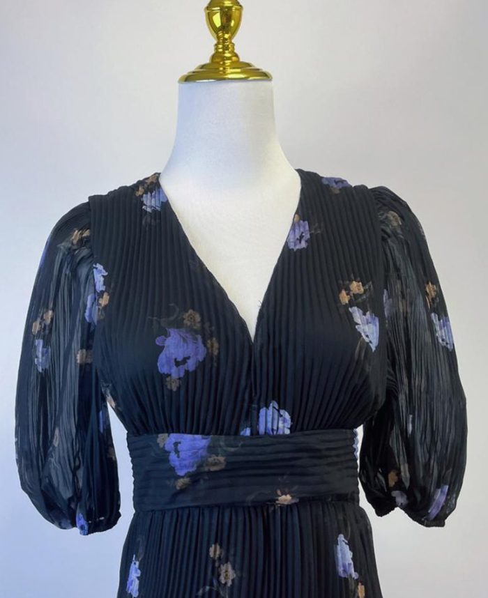 Vintage Lace V-neck Flower Bead Buckle Waist Swing Puff Printed Long Dress Autumn New Wholesale Clothing-GZYYWL35