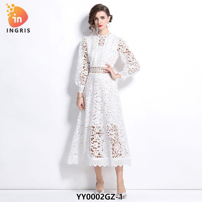 New Arrival Style Design Sense Embroidered Hollowed Out Skirt Fashion Puff Sleeve Dress-YY0002GZ