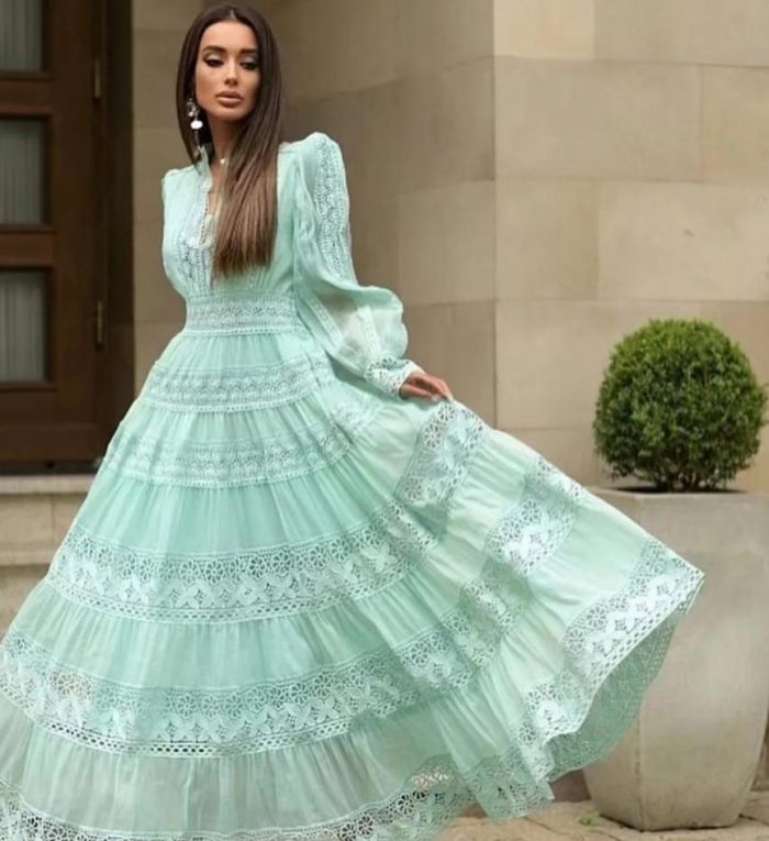 Spring New Fashion Elegant Long Skirt Lace Splicing Design Lantern Sleeve Dress-GZYYKJ28