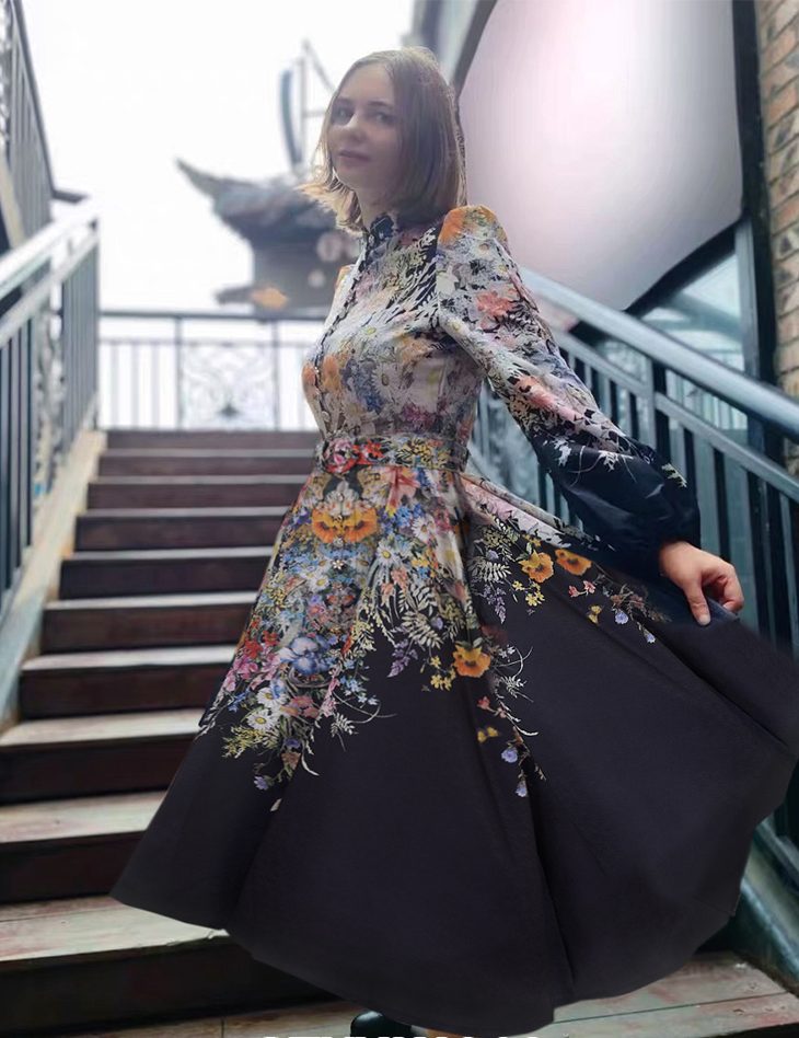 Elegant Women Clothing New Round Neck Flower Print Silky Dress-GZYYKJ010