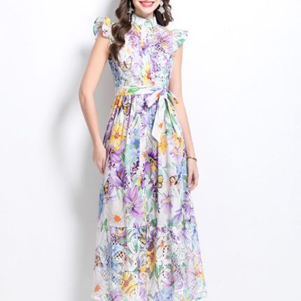 Summer Printed Chiffon Dress New Sexy Slash Neck Ruffle Long Dresses-YY0019GZ