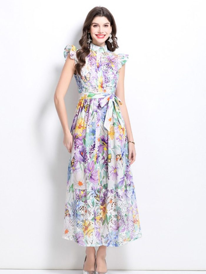 Summer Printed Chiffon Dress New Sexy Slash Neck Ruffle Long Dresses-YY0019GZ