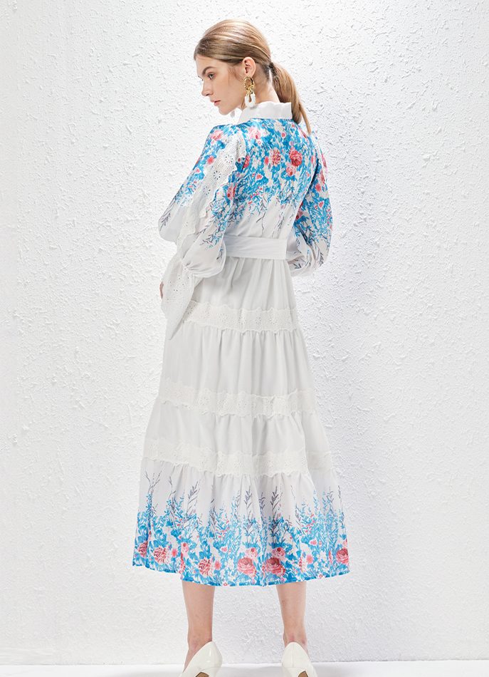 Wholesale Middle Eastern Fashion Clothing Digital Print Mid Waist Long Dress Puffy Sleeve Lapel Robe Women Muslim Abaya-YY0071GZ