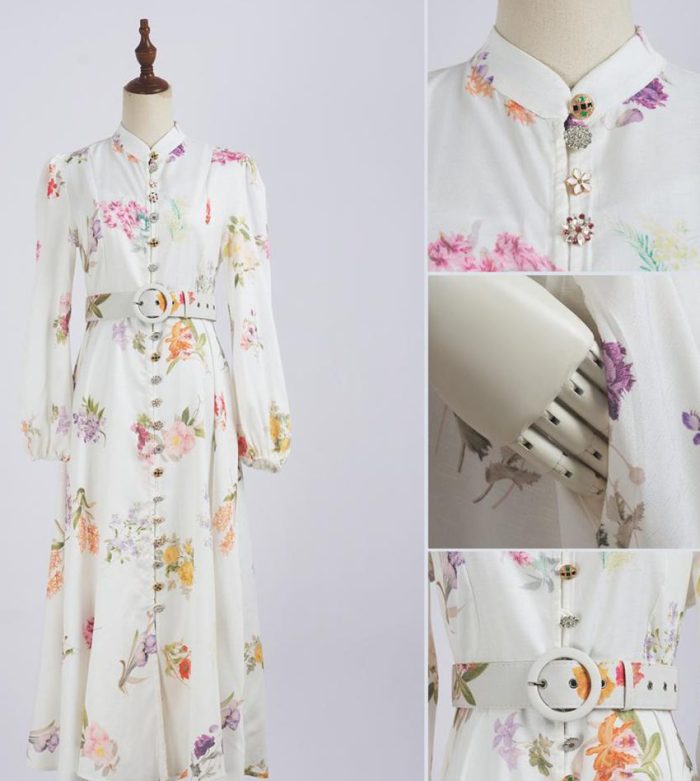 Wholesale Women's Clothing Spring New Lantern Sleeve Printed Single Breasted Dress-GZYYWL049