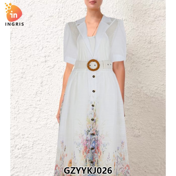 New Fashion Spring/Summer Women's Vacation Style Suit Collar Short Sleeve Large Swing Long Dress Printed Dress-GZYYKJ026
