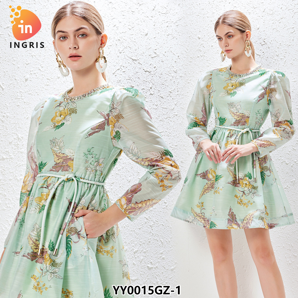Floral Print Green Color Sashes Long Sleeve Turn Down Collar Casual Fashion Ladies Long Shirt Dress-YY0015GZ