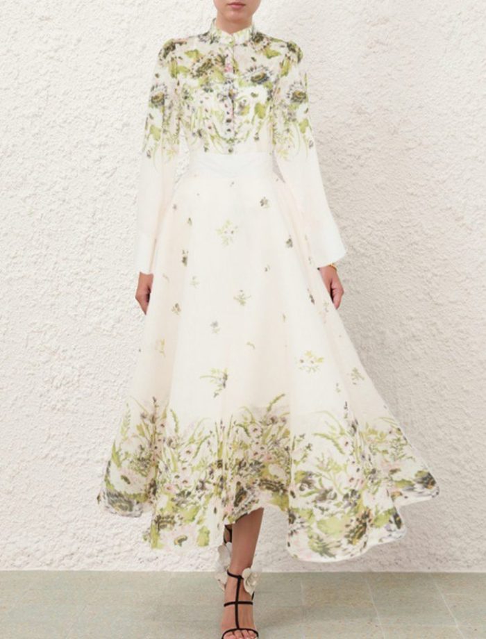 Crew Neck Floral Print Back Zipper Fly Long Sleeve Multi Color Casual Fashion Long Dress for Women-YY0053GZ