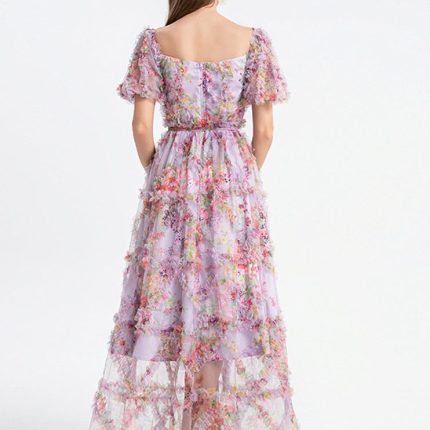 Runway Fashion Print Vintage a Line Dress for Women Square Collar Puff Sleeve High Waist Patchwork Sheer Mesh Dresses Female New-YY0022GZ