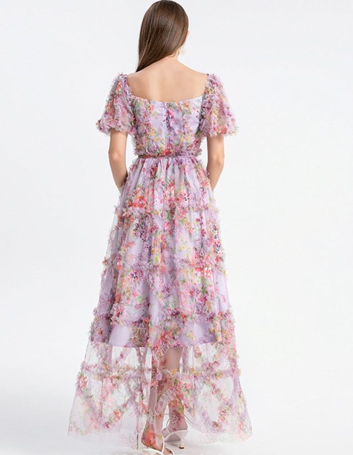 Runway Fashion Print Vintage a Line Dress for Women Square Collar Puff Sleeve High Waist Patchwork Sheer Mesh Dresses Female New-YY0022GZ